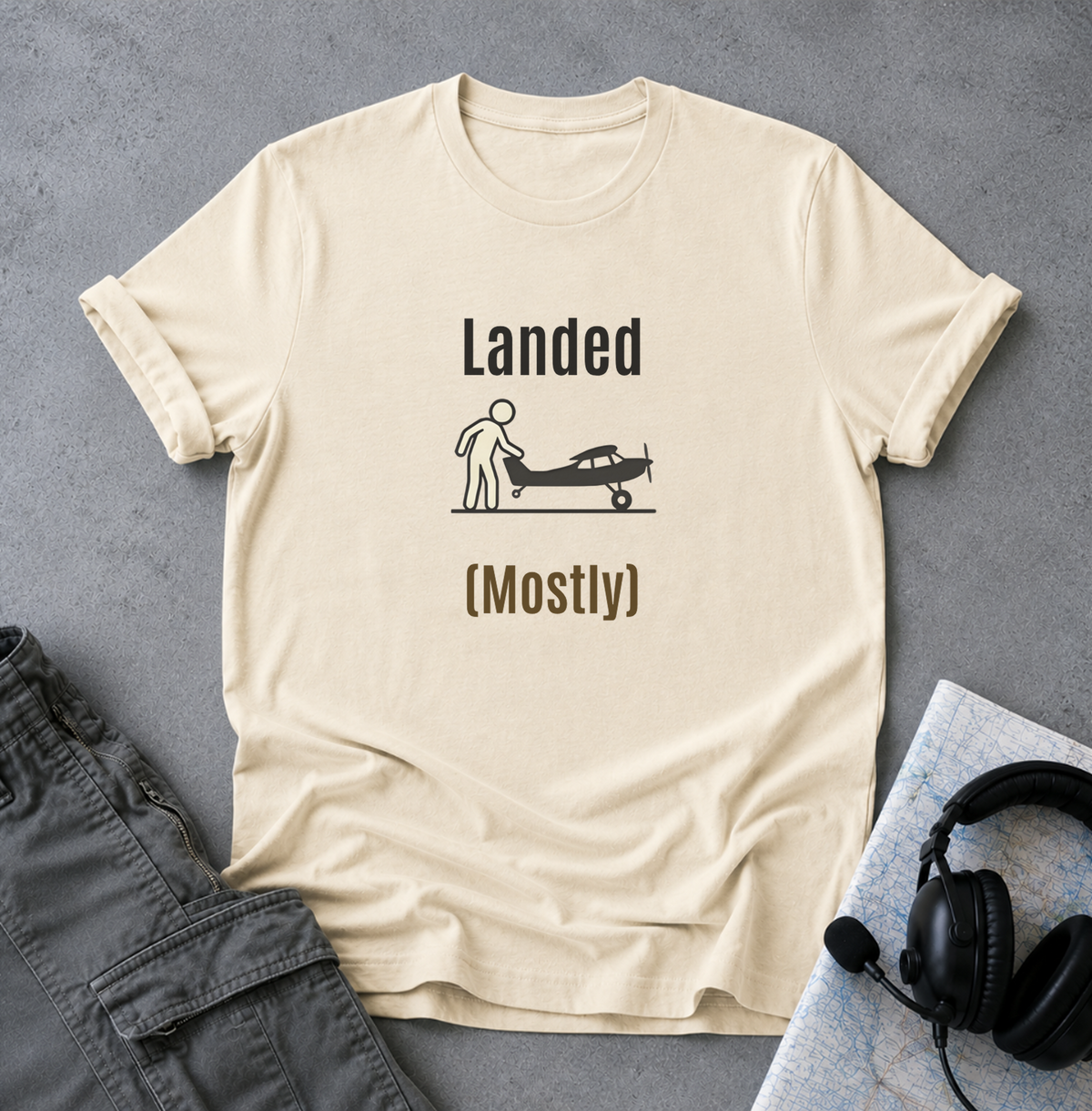 T‑Shirt | 'Landed (Mostly)' Small Plane Aviation Graphic Tee — Pilot & Aircraft Lovers Gift