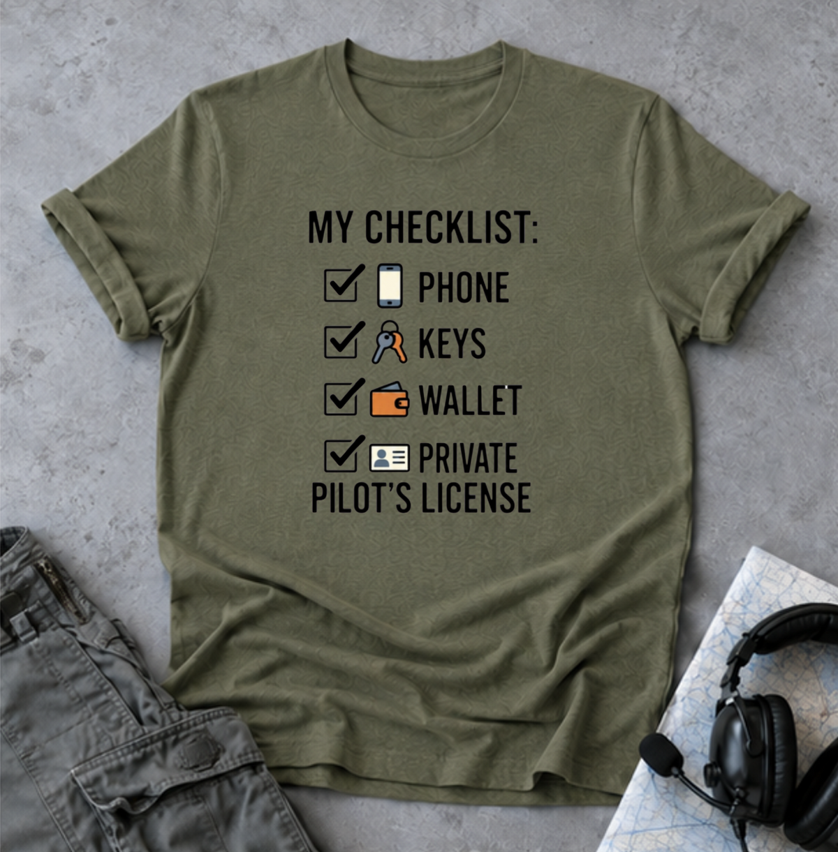 Pilot Checklist T-Shirt — "My Checklist: Phone, Keys, Wallet, Pilot's License"