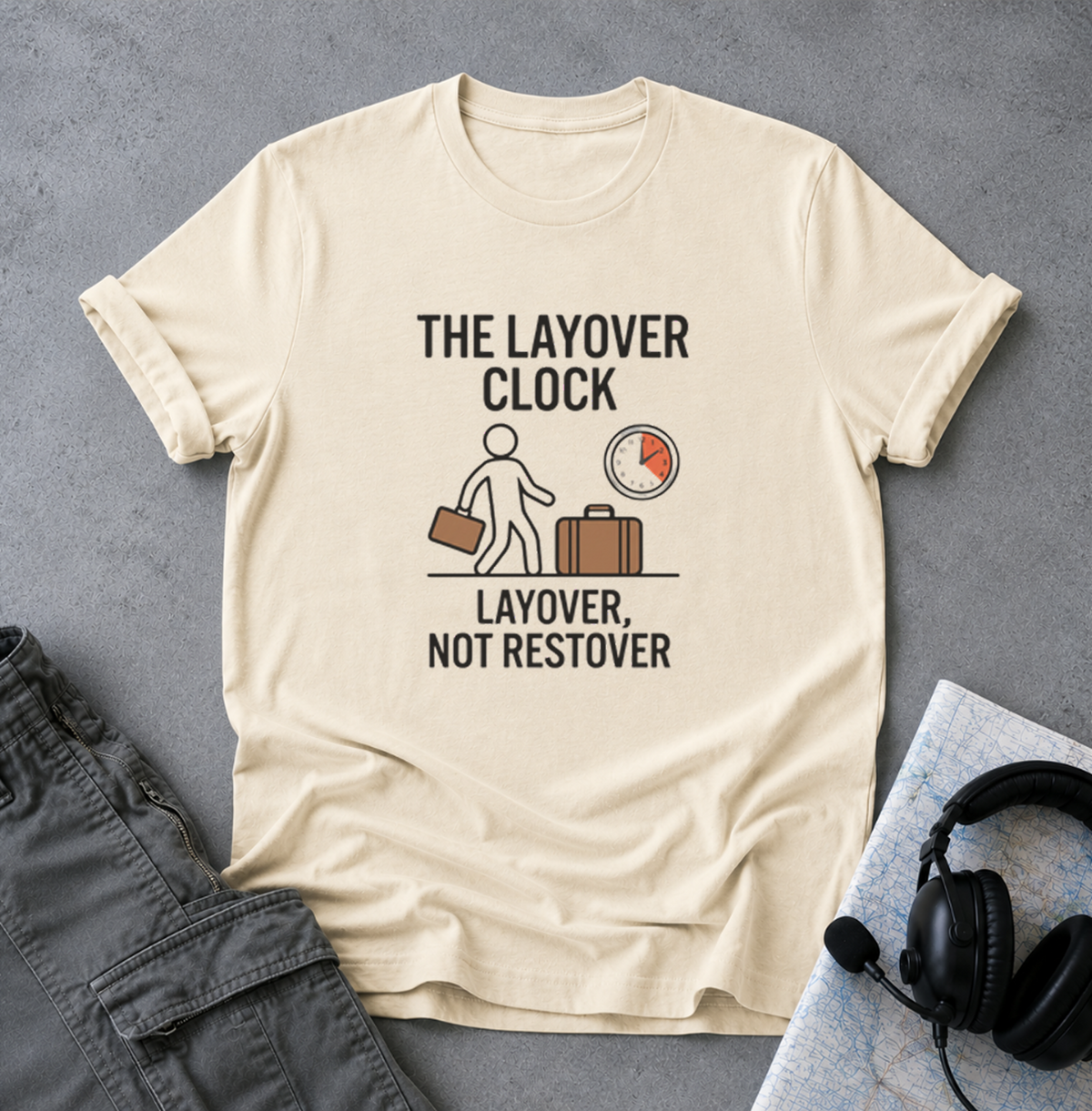 Layover Clock T-Shirt — Travel Humor Tee (“Layover, Not Restover”)
