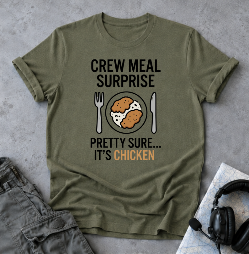 T-Shirt — "Crew Meal Surprise: Pretty Sure... It's Chicken" Funny Flight Crew Tee