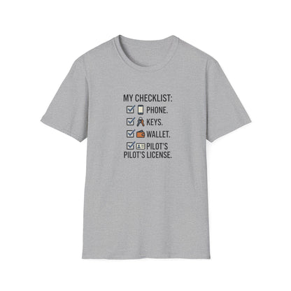 Pilot Checklist T-Shirt — "My Checklist: Phone, Keys, Wallet, Pilot's License"