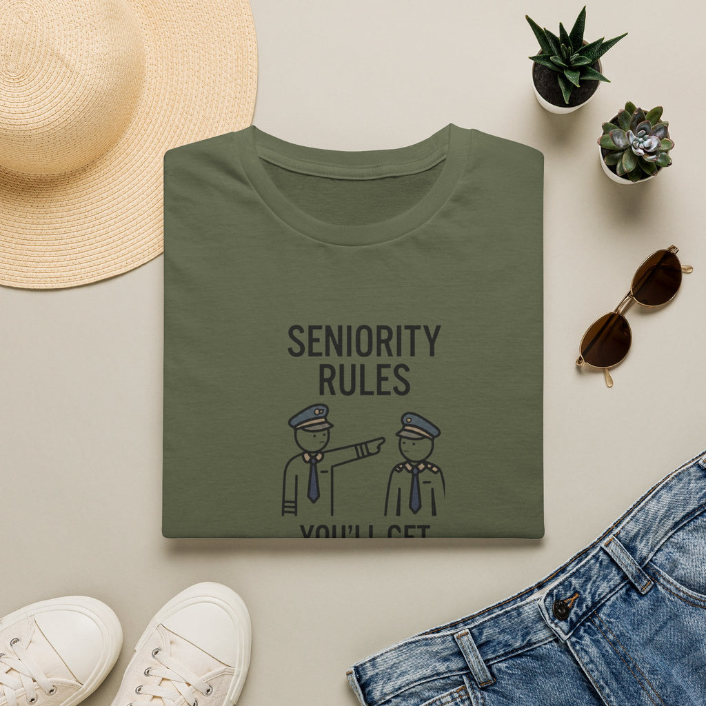 Seniority Rules T-Shirt — Funny Workplace Seniority Tee ("You’ll Get the Next Leg")