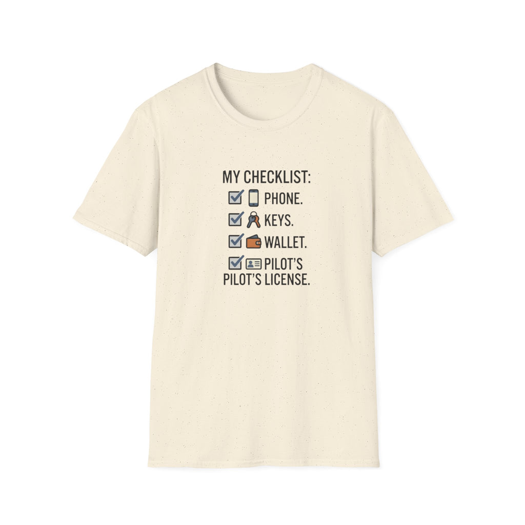 Pilot Checklist T-Shirt — "My Checklist: Phone, Keys, Wallet, Pilot's License"