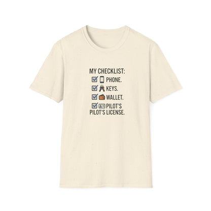 Pilot Checklist T-Shirt — "My Checklist: Phone, Keys, Wallet, Pilot's License"
