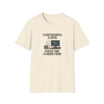 FlightRadar24 Fan T‑Shirt – “FlightRadar24 is Open. Screen Time: 14 Hours Today.”