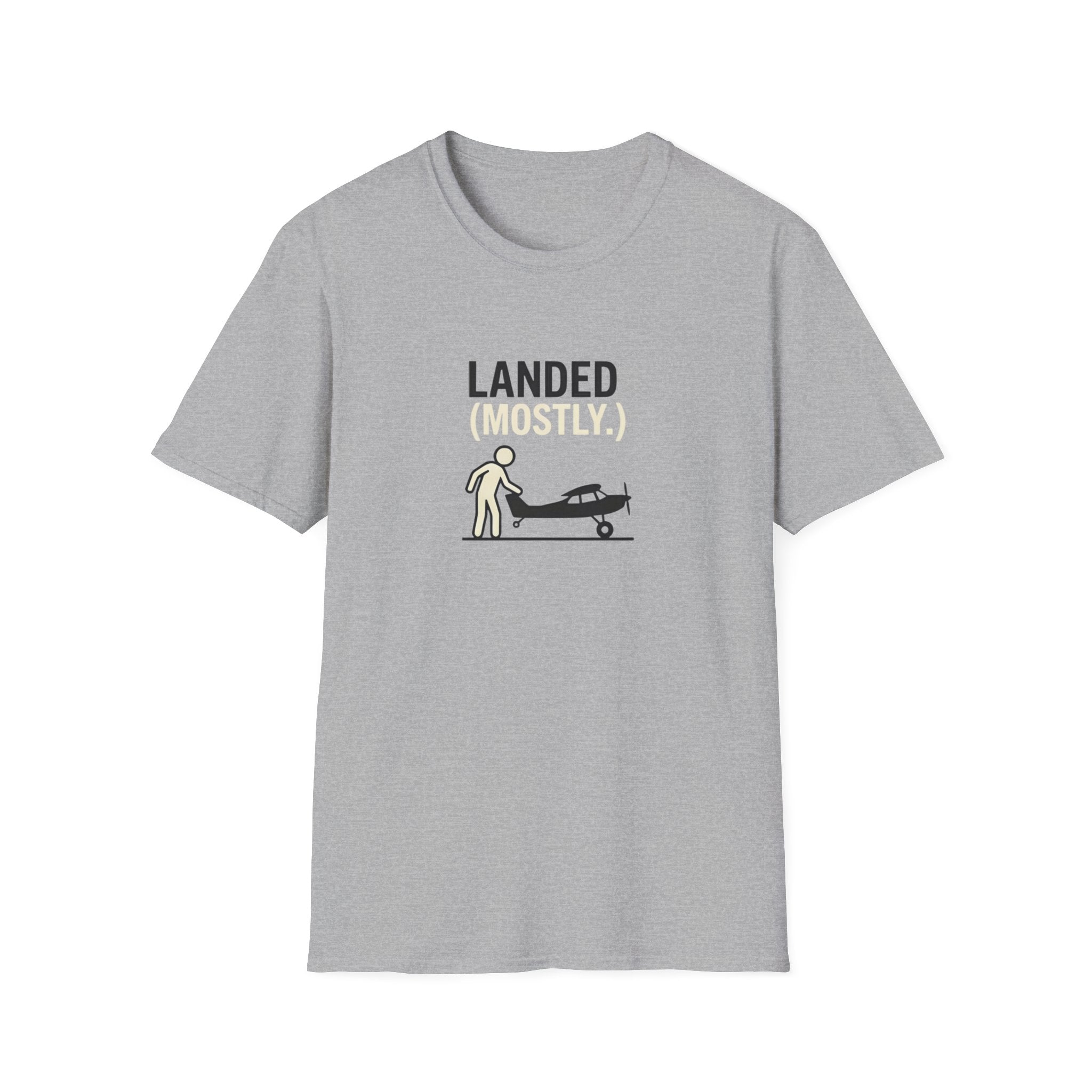 T‑Shirt | 'Landed (Mostly)' Small Plane Aviation Graphic Tee — Pilot & Aircraft Lovers Gift