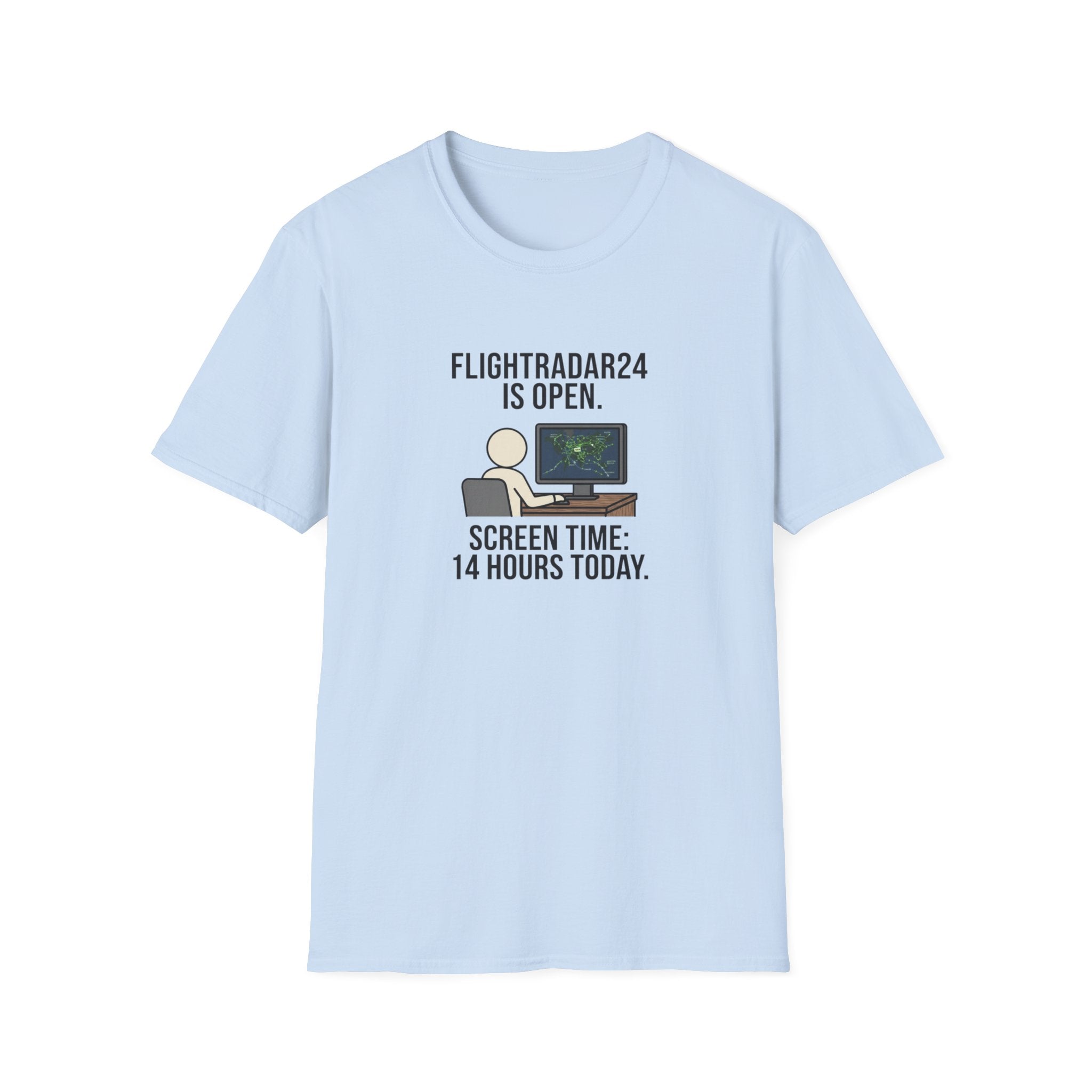 FlightRadar24 Fan T‑Shirt – “FlightRadar24 is Open. Screen Time: 14 Hours Today.”