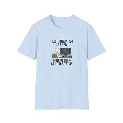 FlightRadar24 Fan T‑Shirt – “FlightRadar24 is Open. Screen Time: 14 Hours Today.”