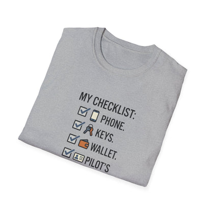Pilot Checklist T-Shirt — "My Checklist: Phone, Keys, Wallet, Pilot's License"