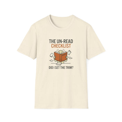 T-Shirt — “The Un-Read Checklist: Did I Set the Trim?” Funny Book Lover Tee