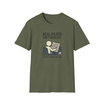 Pilot T-Shirt — “Real Pilots Don’t Need GPS (Except When They Do)” Aviation Tee