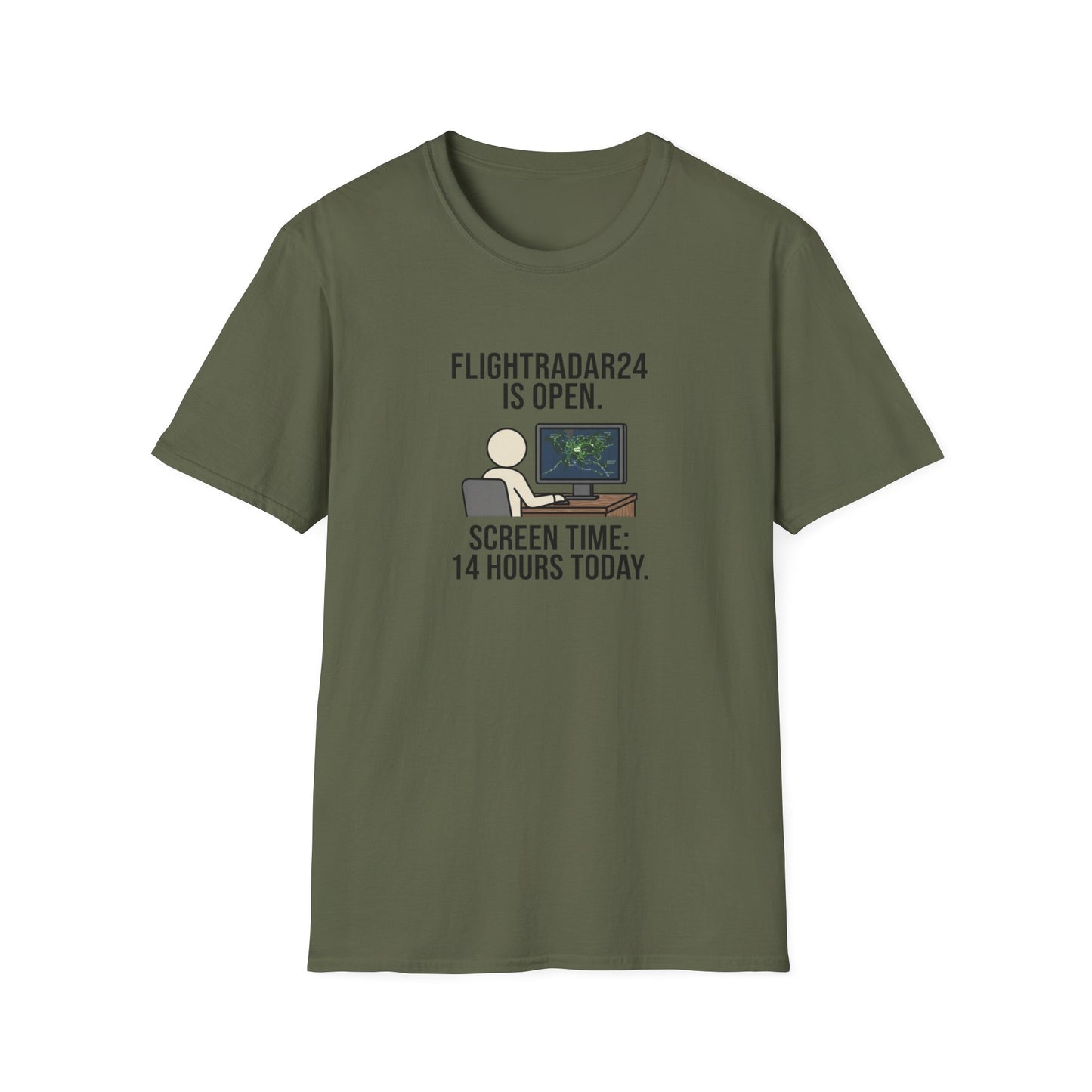 FlightRadar24 Fan T‑Shirt – “FlightRadar24 is Open. Screen Time: 14 Hours Today.”
