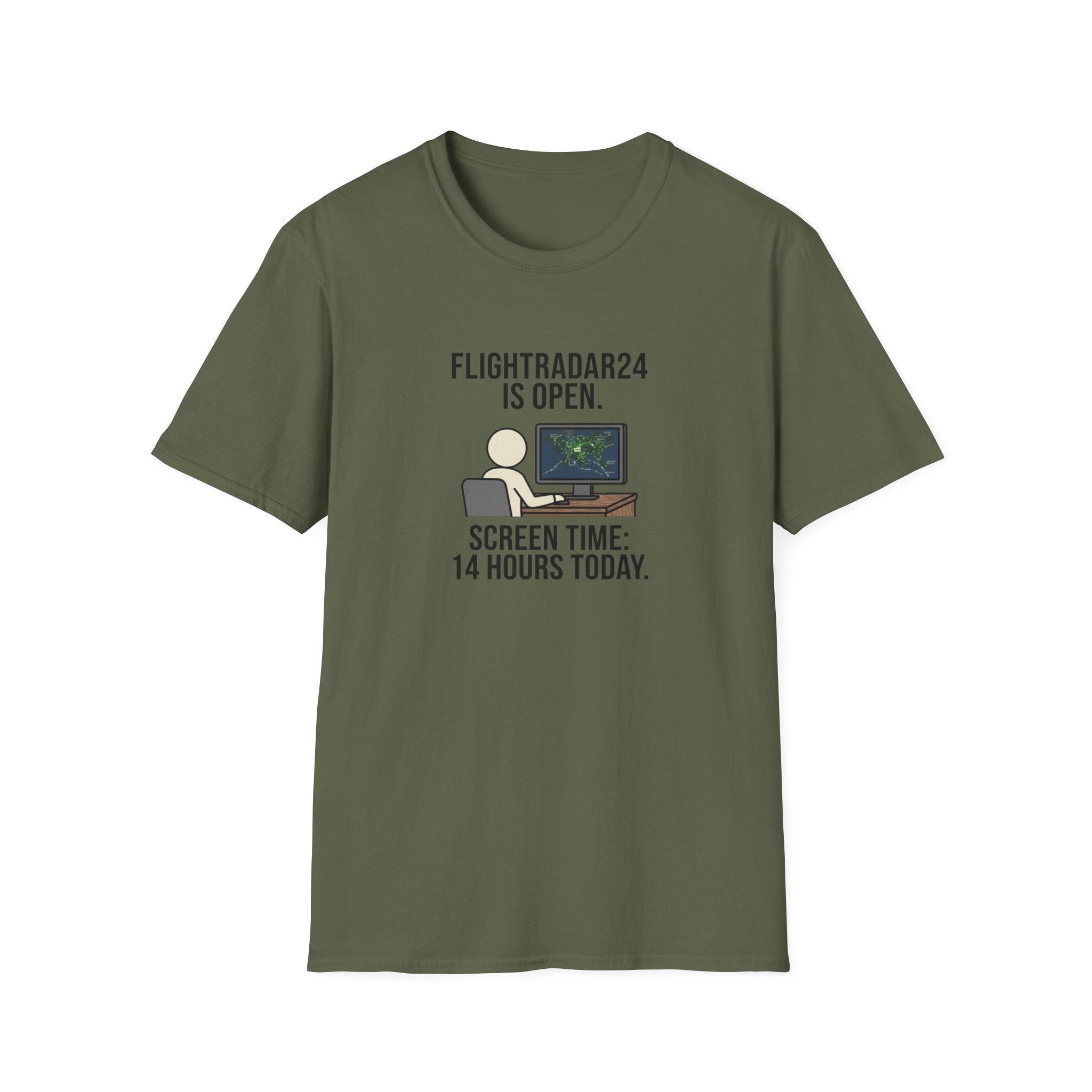FlightRadar24 Fan T‑Shirt – “FlightRadar24 is Open. Screen Time: 14 Hours Today.”