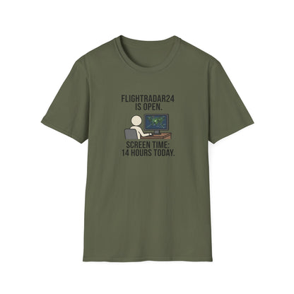 FlightRadar24 Fan T‑Shirt – “FlightRadar24 is Open. Screen Time: 14 Hours Today.”