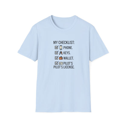 Pilot Checklist T-Shirt — "My Checklist: Phone, Keys, Wallet, Pilot's License"