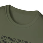 Packing Humor T-Shirt — "Gearing Up for a One-Hour Flight, Packing for a Three-Week Vacation"