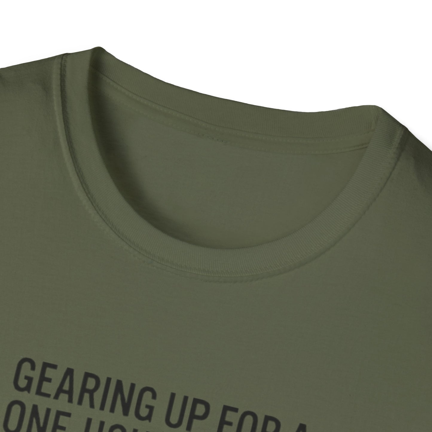 Packing Humor T-Shirt — "Gearing Up for a One-Hour Flight, Packing for a Three-Week Vacation"
