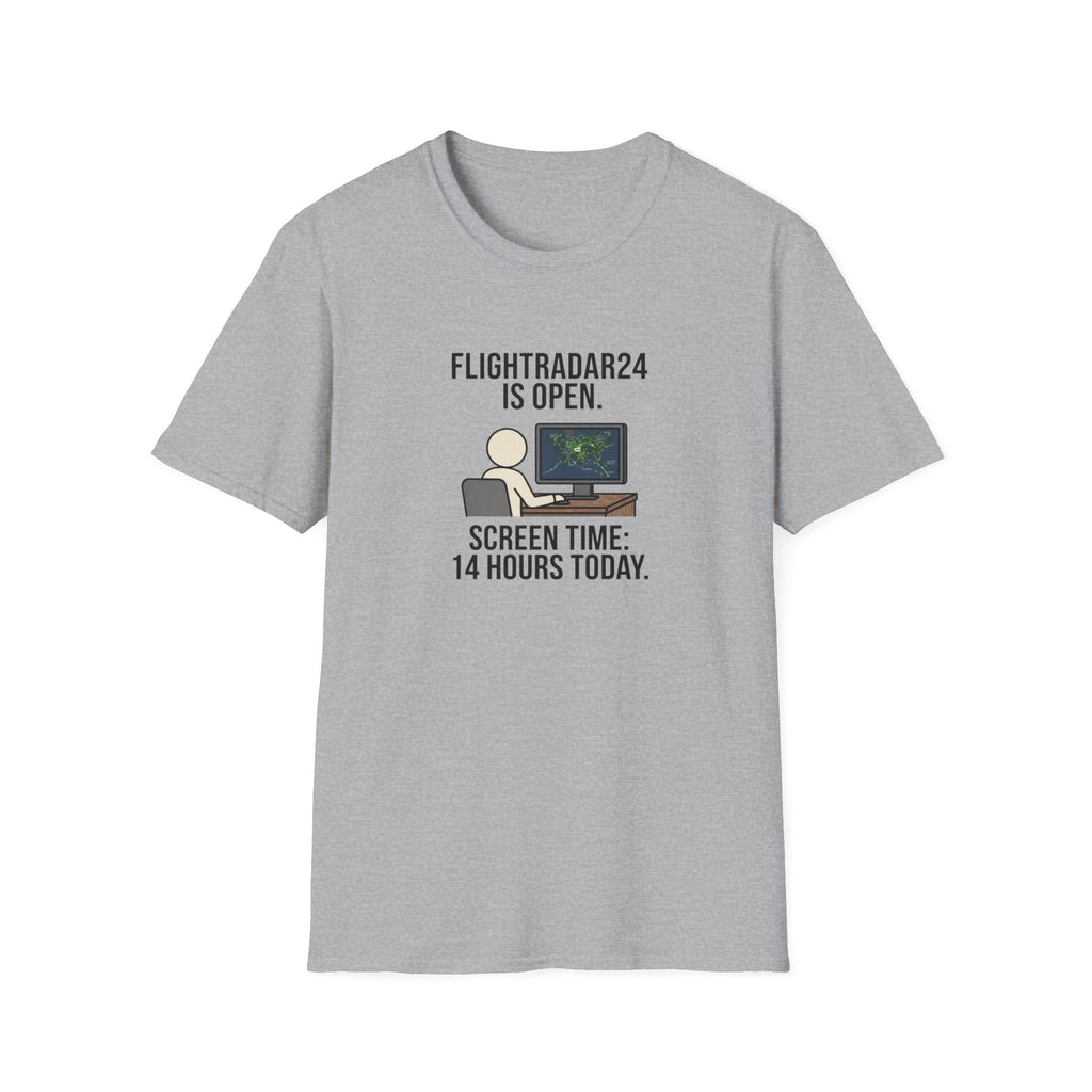 FlightRadar24 Fan T‑Shirt – “FlightRadar24 is Open. Screen Time: 14 Hours Today.”