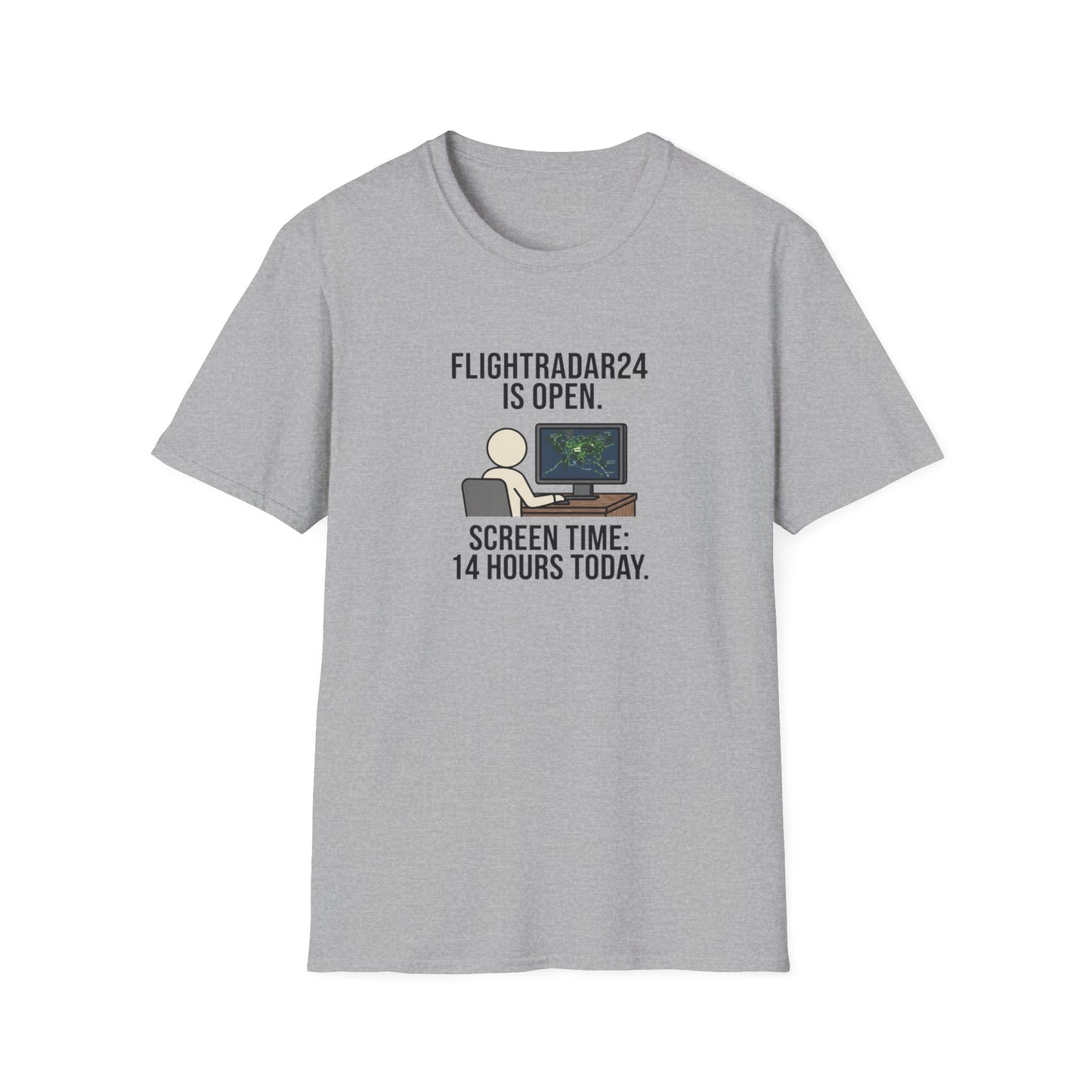 FlightRadar24 Fan T‑Shirt – “FlightRadar24 is Open. Screen Time: 14 Hours Today.”