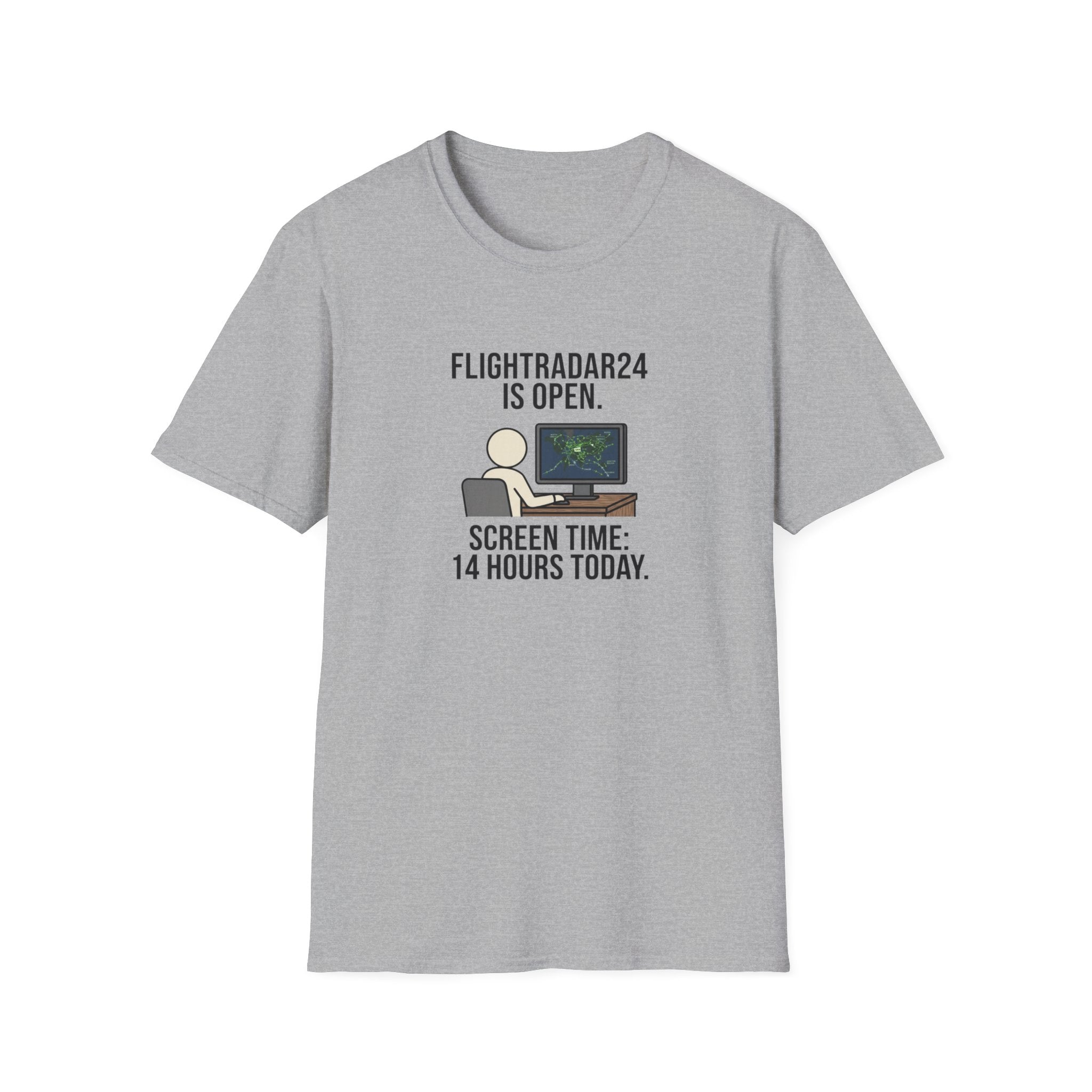 FlightRadar24 Fan T‑Shirt – “FlightRadar24 is Open. Screen Time: 14 Hours Today.”