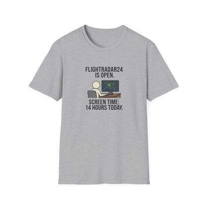 FlightRadar24 Fan T‑Shirt – “FlightRadar24 is Open. Screen Time: 14 Hours Today.”