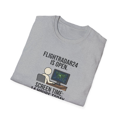 FlightRadar24 Fan T‑Shirt – “FlightRadar24 is Open. Screen Time: 14 Hours Today.”