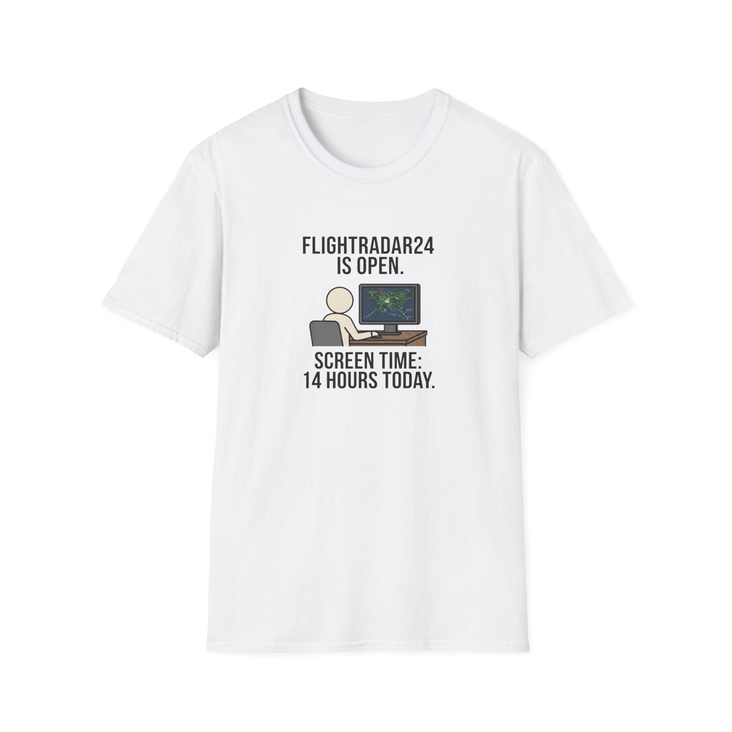 FlightRadar24 Fan T‑Shirt – “FlightRadar24 is Open. Screen Time: 14 Hours Today.”