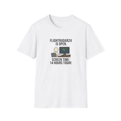 FlightRadar24 Fan T‑Shirt – “FlightRadar24 is Open. Screen Time: 14 Hours Today.”