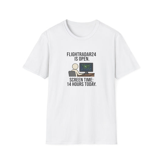 FlightRadar24 Fan T‑Shirt – “FlightRadar24 is Open. Screen Time: 14 Hours Today.”
