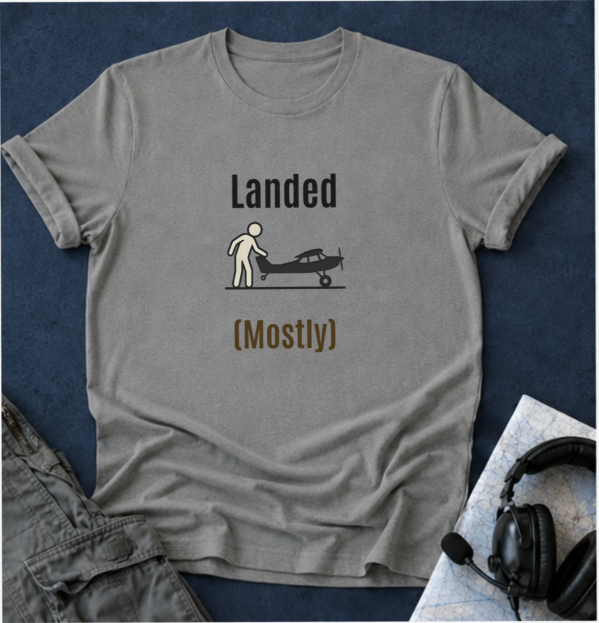 T‑Shirt | 'Landed (Mostly)' Small Plane Aviation Graphic Tee — Pilot & Aircraft Lovers Gift