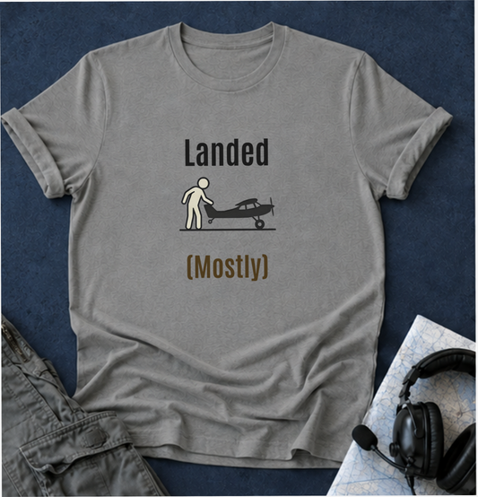 T‑Shirt | 'Landed (Mostly)' Small Plane Aviation Graphic Tee — Pilot & Aircraft Lovers Gift