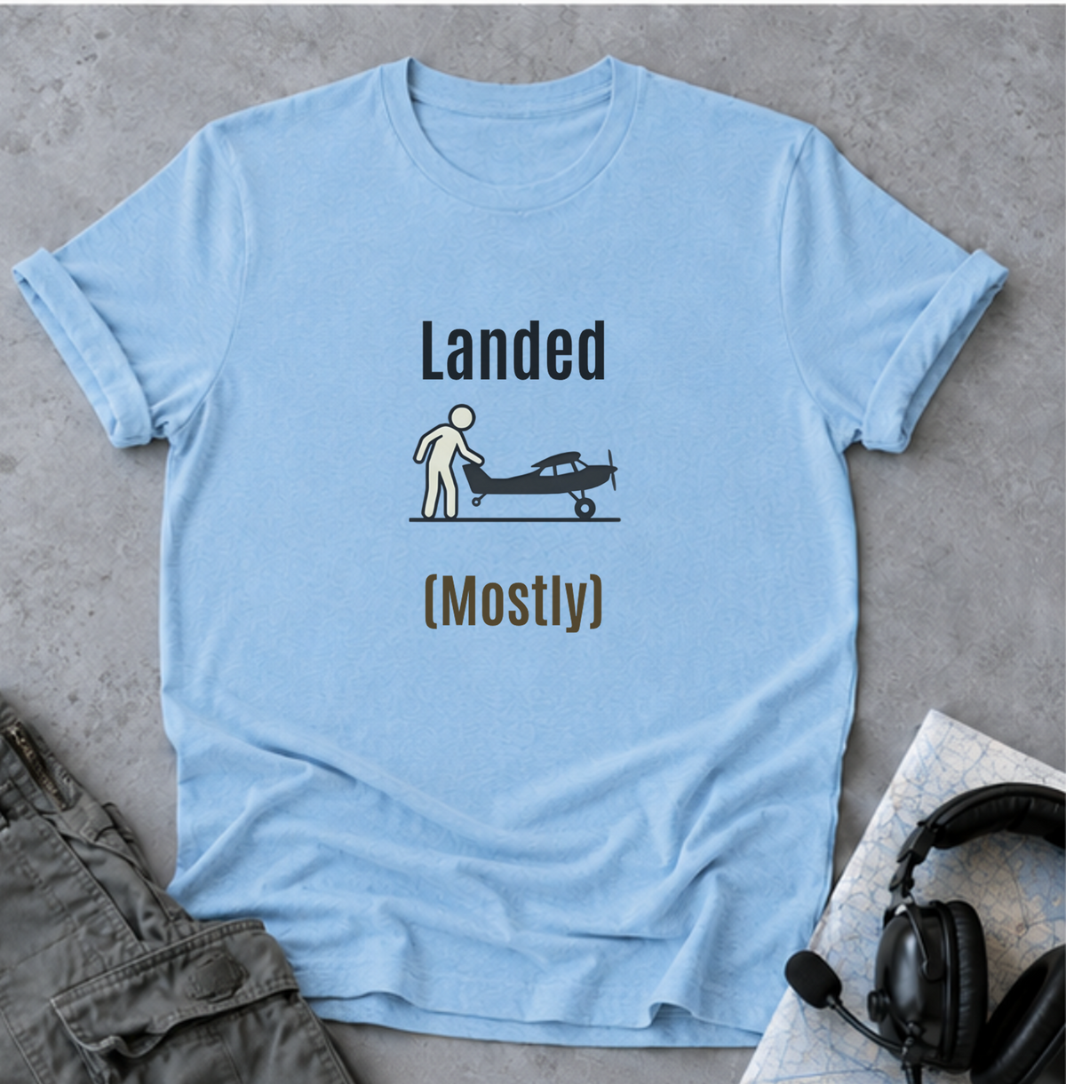 T‑Shirt | 'Landed (Mostly)' Small Plane Aviation Graphic Tee — Pilot & Aircraft Lovers Gift
