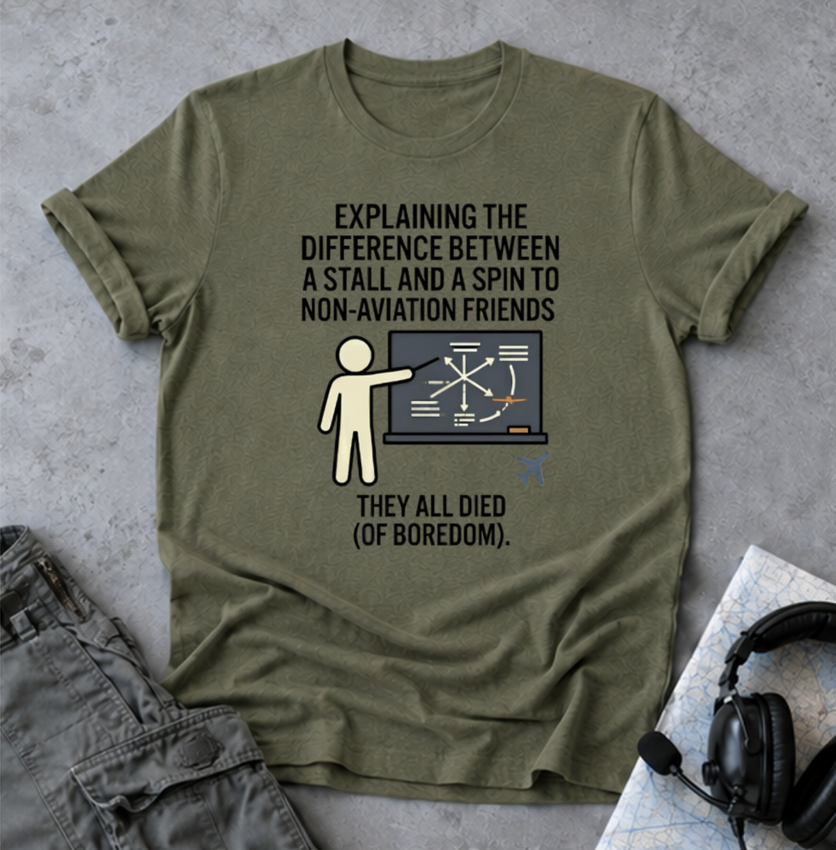 Aviation Humor T-Shirt — "Explaining the difference between a stall and a spin to non-aviation friends"