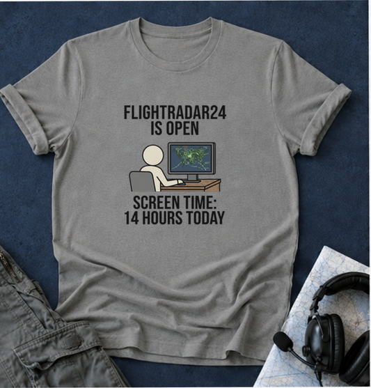 FlightRadar24 Fan T‑Shirt – “FlightRadar24 is Open. Screen Time: 14 Hours Today.”