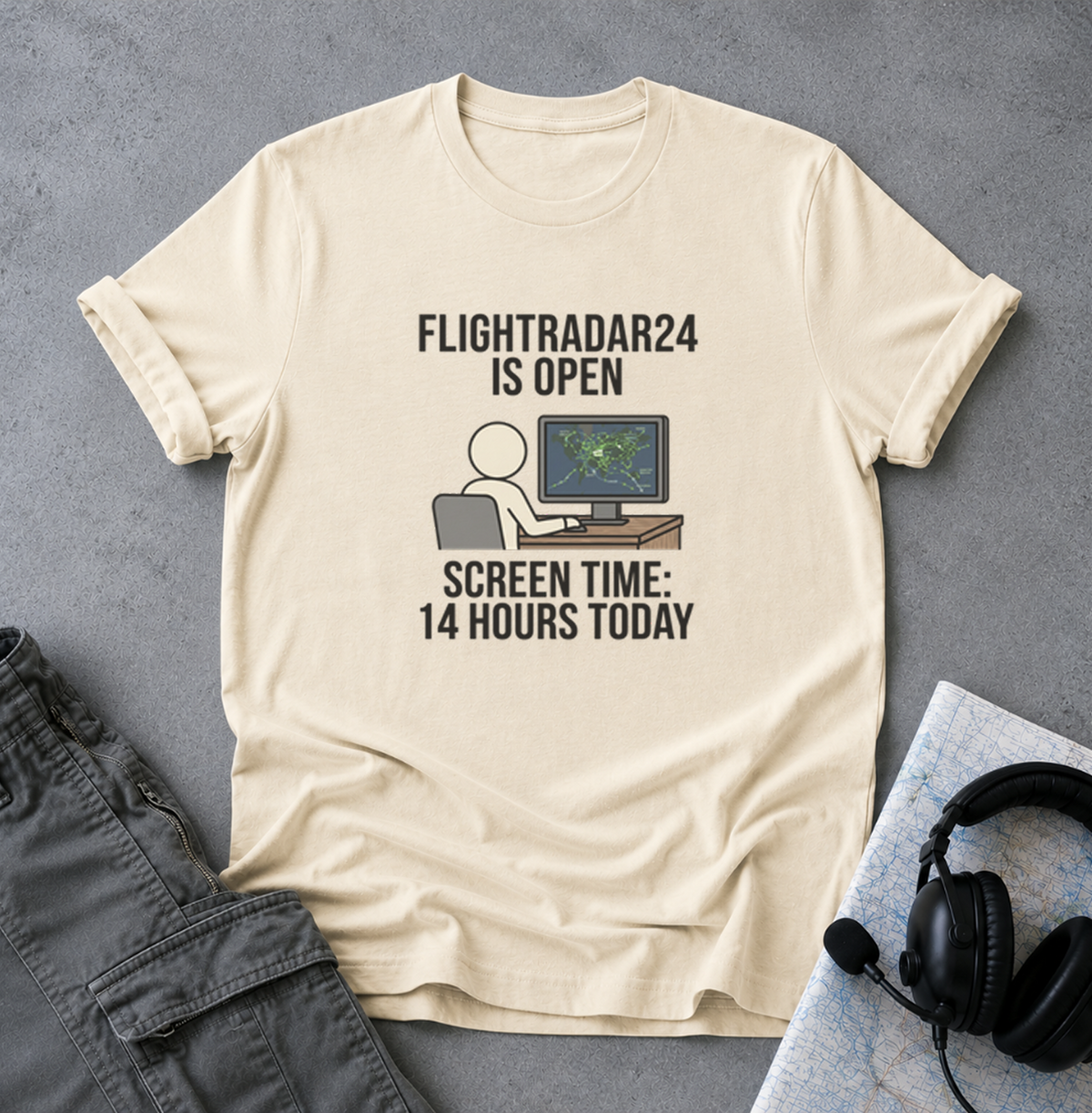 FlightRadar24 Fan T‑Shirt – “FlightRadar24 is Open. Screen Time: 14 Hours Today.”