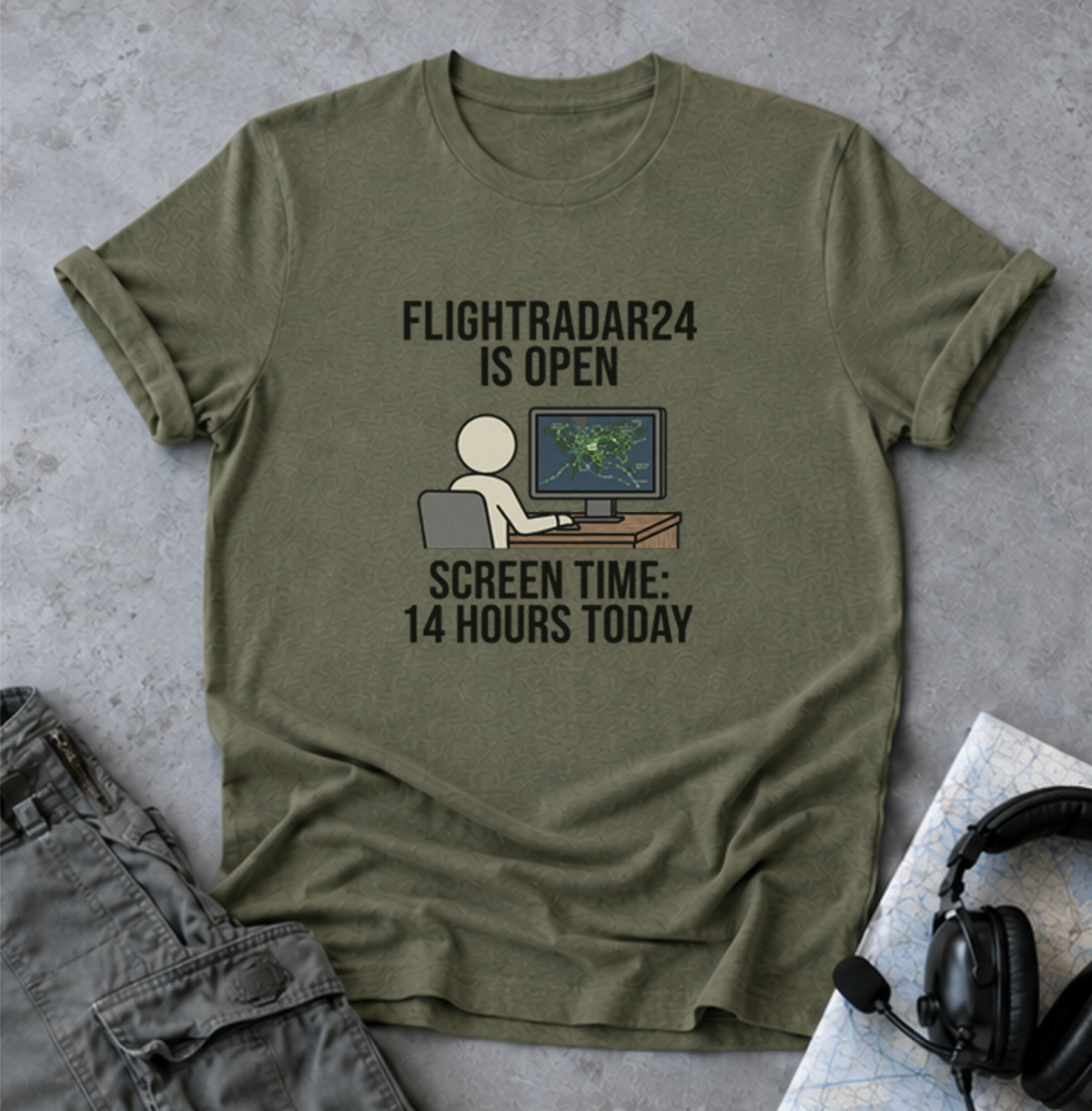 FlightRadar24 Fan T‑Shirt – “FlightRadar24 is Open. Screen Time: 14 Hours Today.”