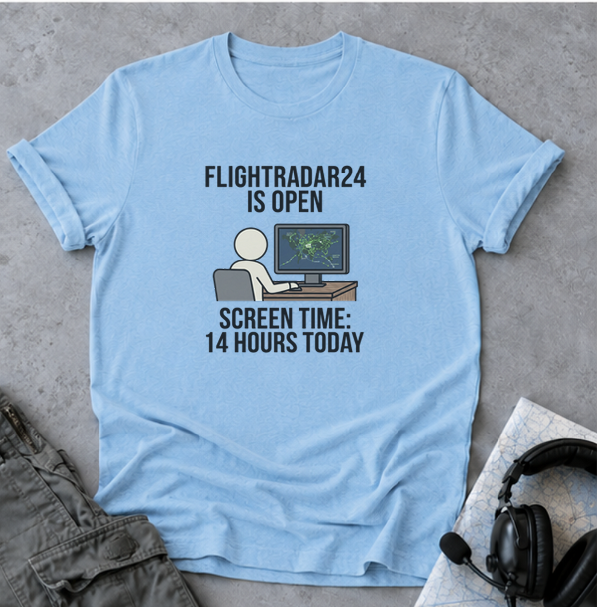 FlightRadar24 Fan T‑Shirt – “FlightRadar24 is Open. Screen Time: 14 Hours Today.”
