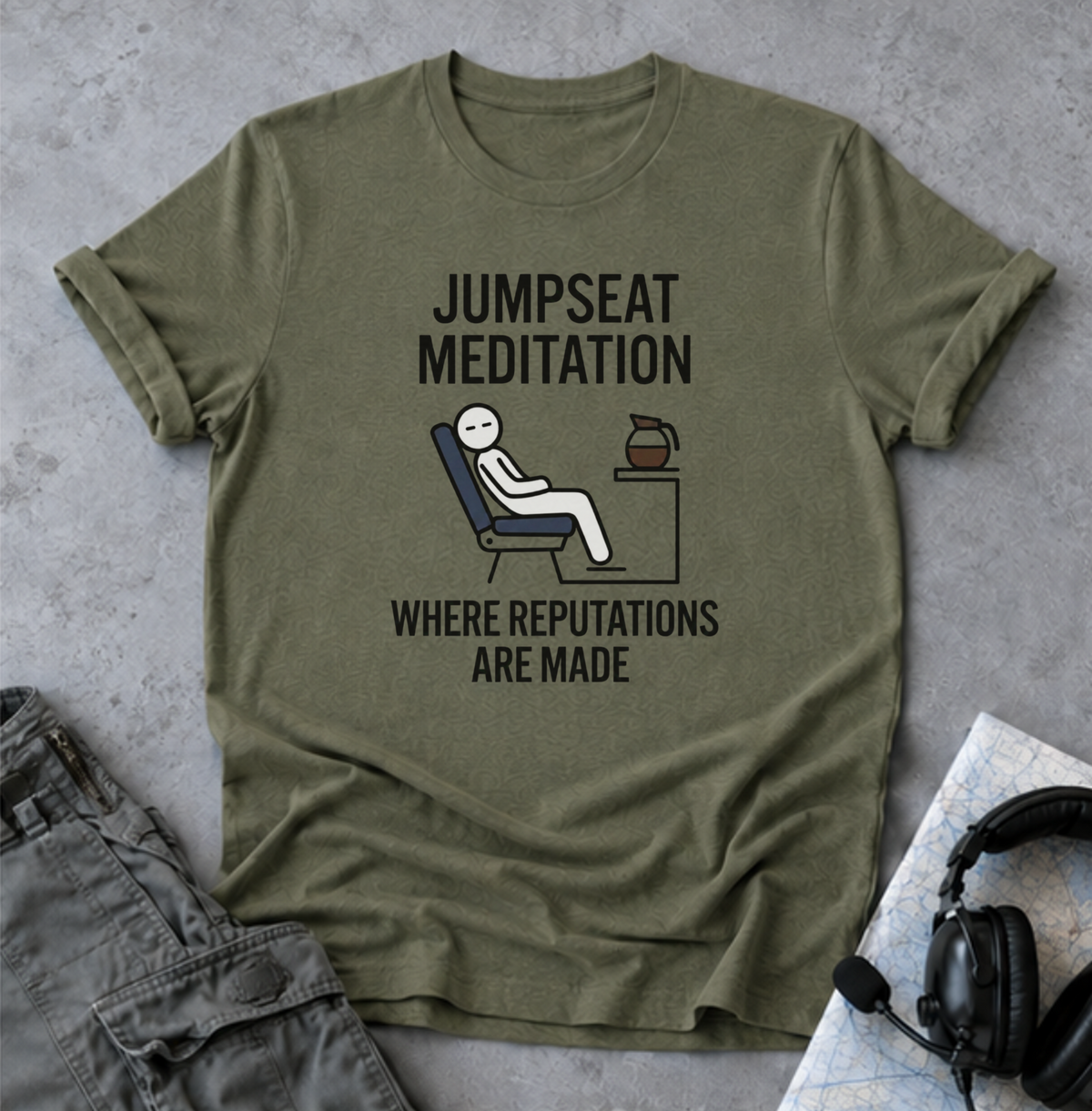 T‑Shirt — "Jumpseat Meditation: Where Reputations Are Made" Airline Pilot Humor Tee