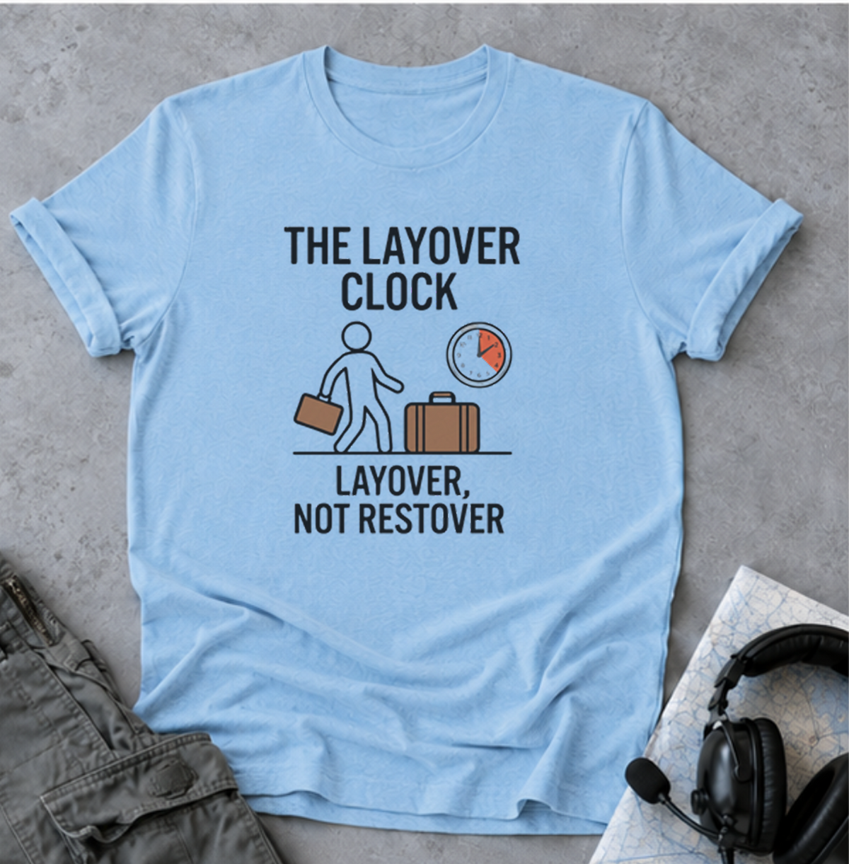 Layover Clock T-Shirt — Travel Humor Tee (“Layover, Not Restover”)