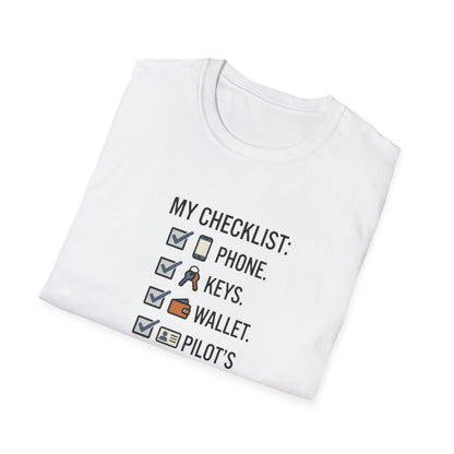 Pilot Checklist T-Shirt — "My Checklist: Phone, Keys, Wallet, Pilot's License"
