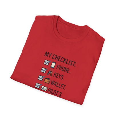 Pilot Checklist T-Shirt — "My Checklist: Phone, Keys, Wallet, Pilot's License"