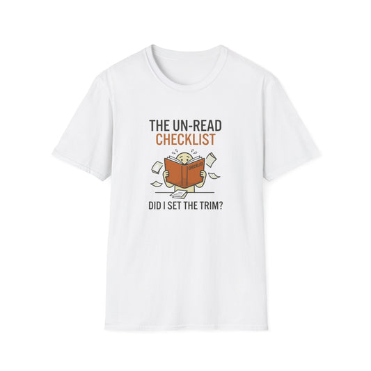 T-Shirt — “The Un-Read Checklist: Did I Set the Trim?” Funny Book Lover Tee