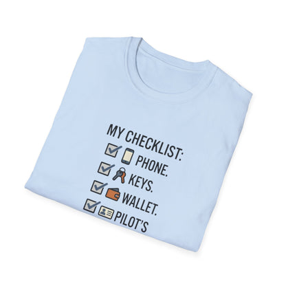 Pilot Checklist T-Shirt — "My Checklist: Phone, Keys, Wallet, Pilot's License"