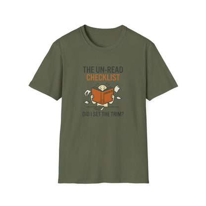 T-Shirt — “The Un-Read Checklist: Did I Set the Trim?” Funny Book Lover Tee