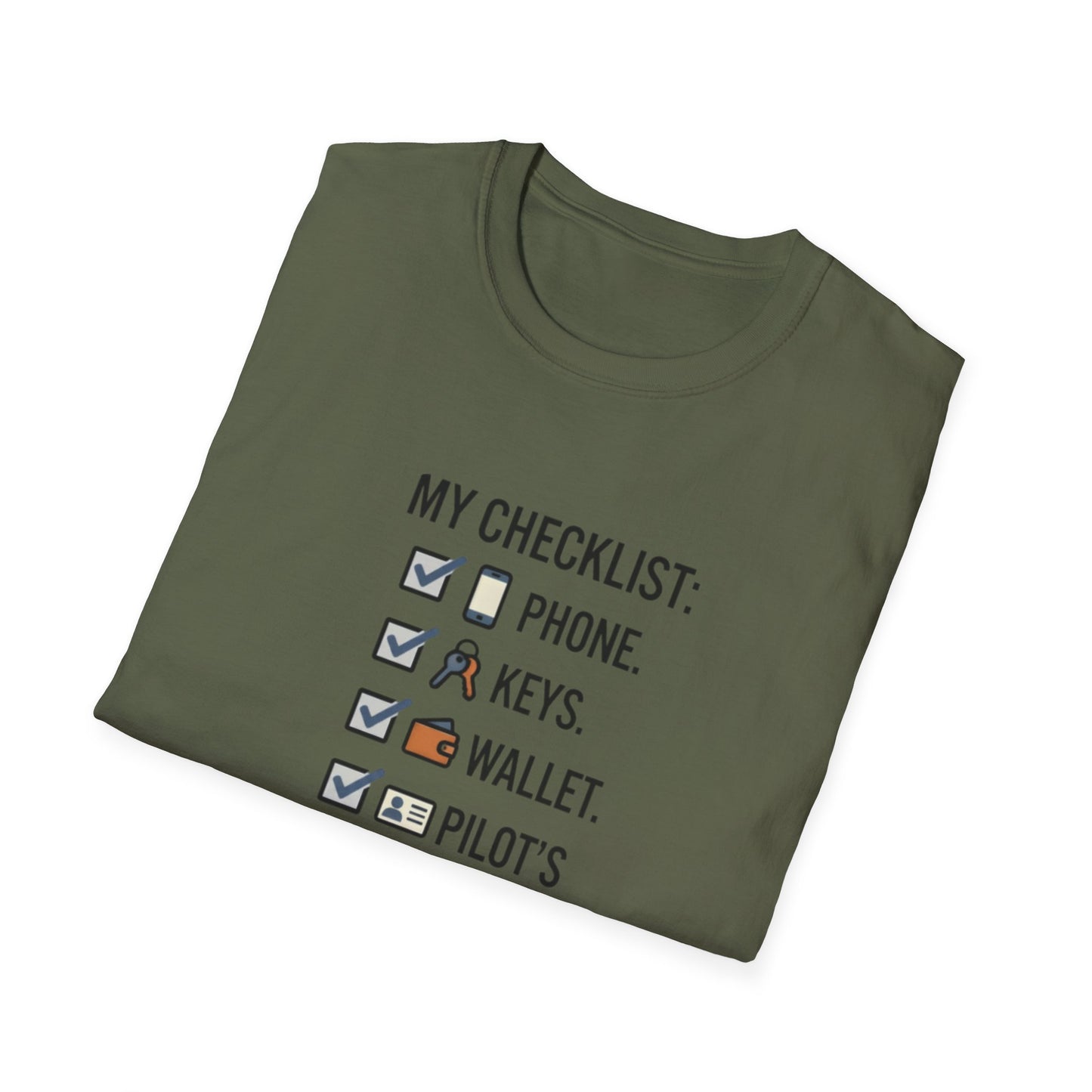 Pilot Checklist T-Shirt — "My Checklist: Phone, Keys, Wallet, Pilot's License"