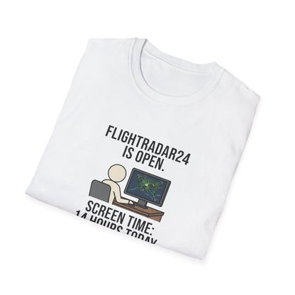 FlightRadar24 Fan T‑Shirt – “FlightRadar24 is Open. Screen Time: 14 Hours Today.”