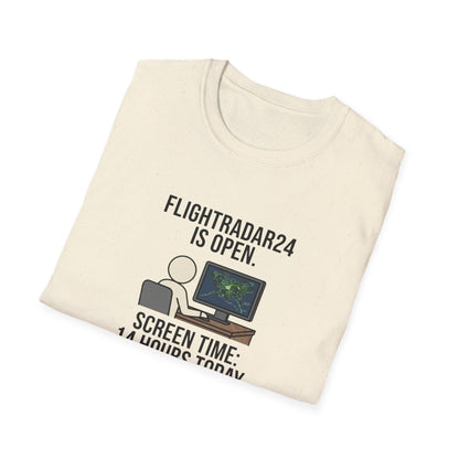 FlightRadar24 Fan T‑Shirt – “FlightRadar24 is Open. Screen Time: 14 Hours Today.”