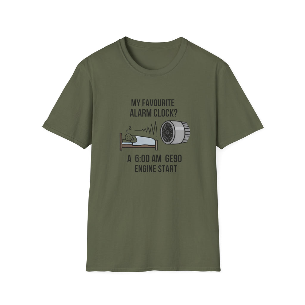 Aviation Pilot T-Shirt — "My Favourite Alarm Clock? A 6:00 AM GE90 Engine Start"
