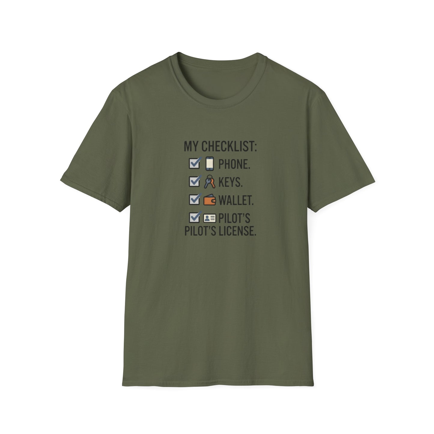 Pilot Checklist T-Shirt — "My Checklist: Phone, Keys, Wallet, Pilot's License"