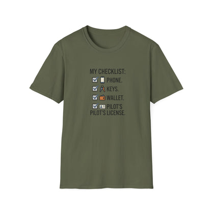 Pilot Checklist T-Shirt — "My Checklist: Phone, Keys, Wallet, Pilot's License"